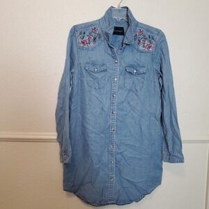 Velvet Heart Women's Embroidered Denim Chambray Tunic Shirt Dress Light Blue
